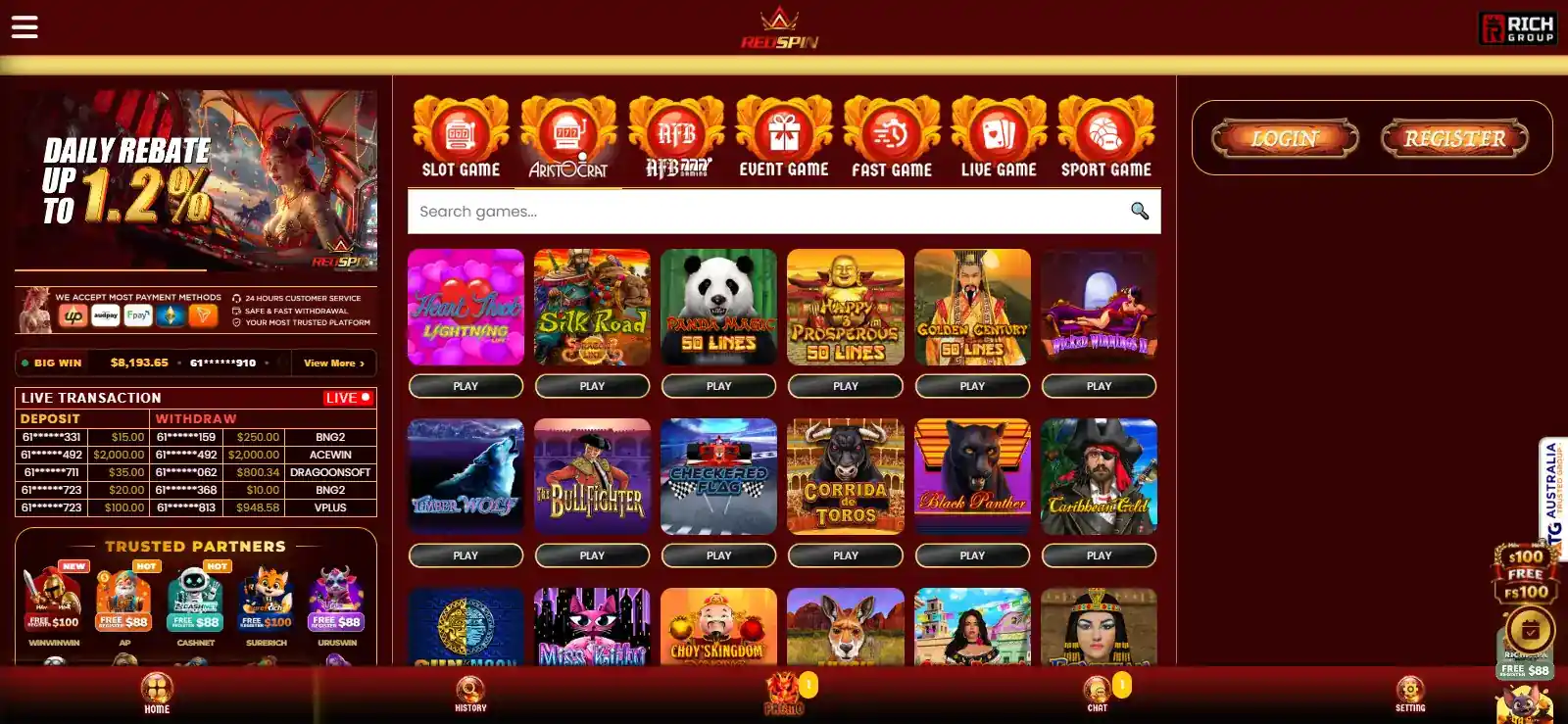 RedSpin game lobby with casino categories and game tiles visible