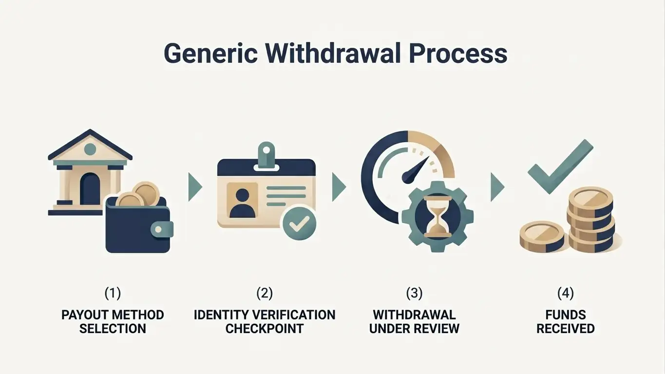 Illustration of a withdrawal moving through payment selection, identity checks, review and completion