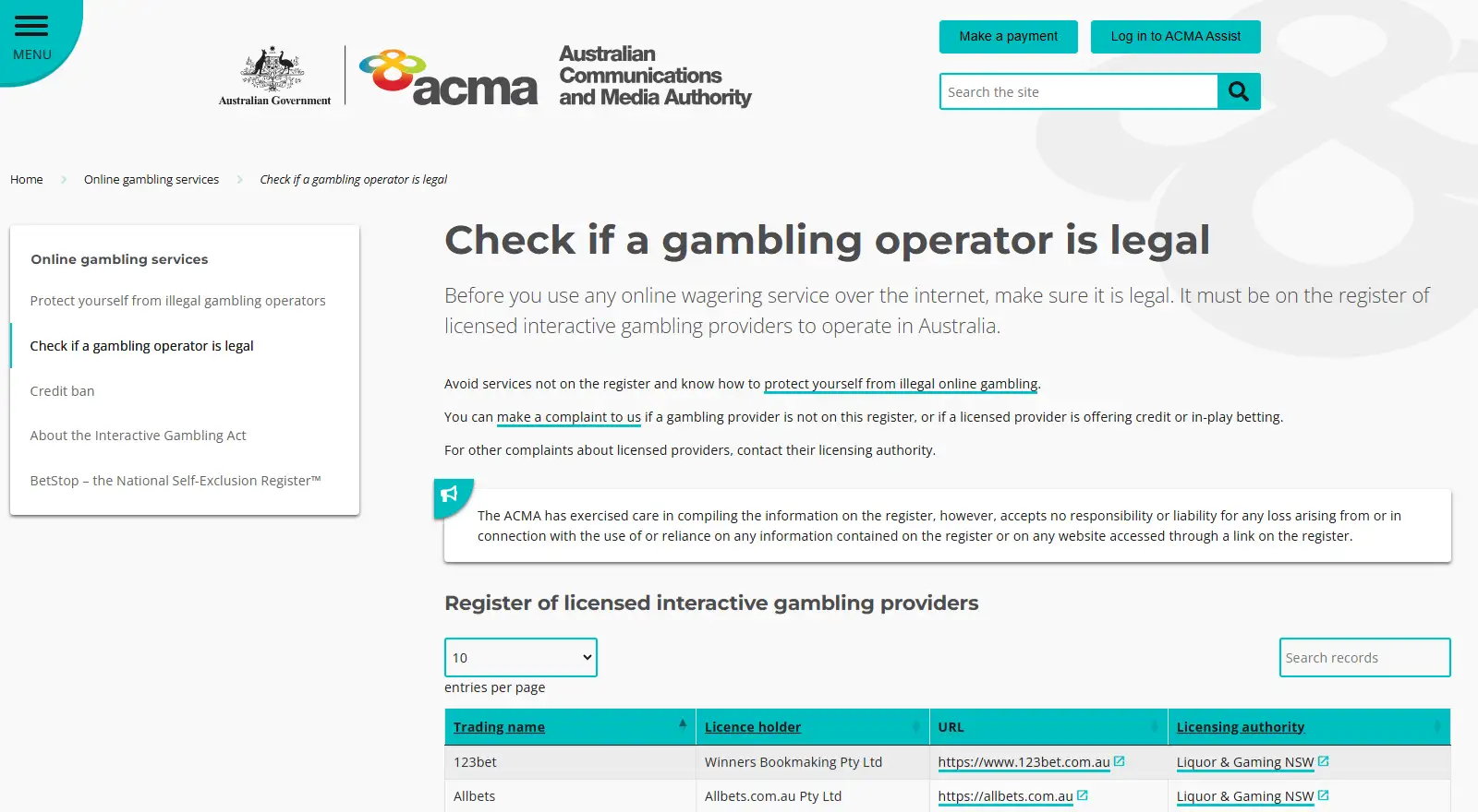 ACMA licensed interactive gambling provider register used to check Australian licence status