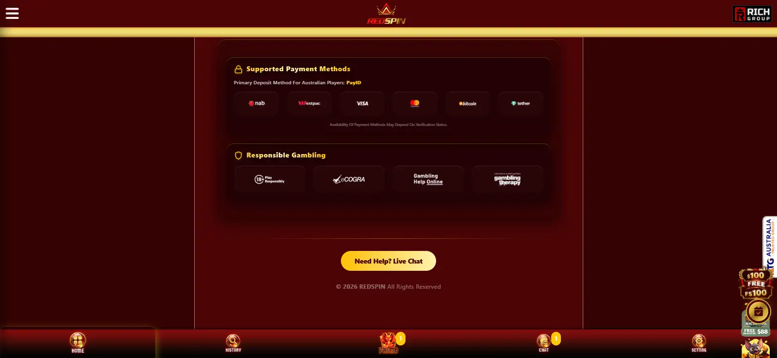 RedSpin cashier showing current deposit methods available to an Australian account