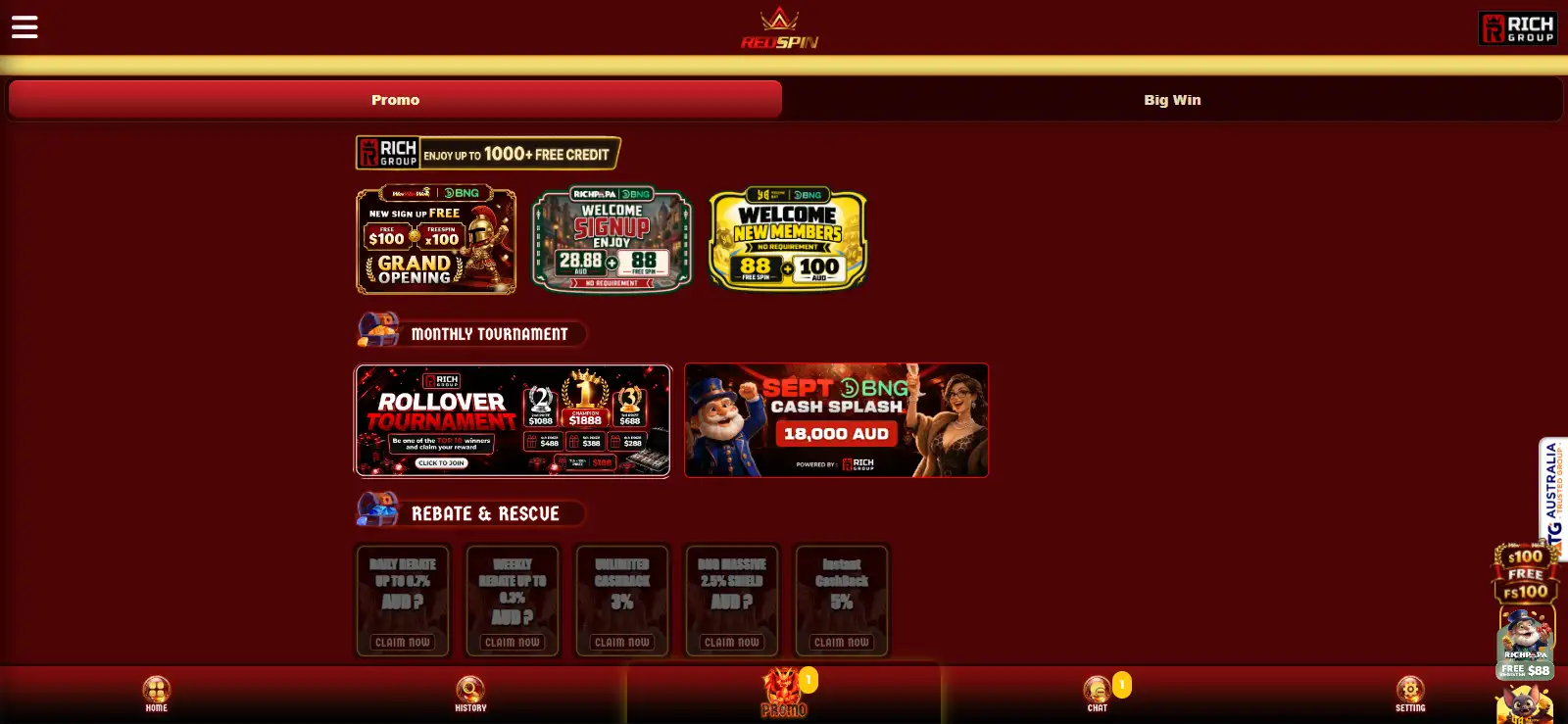 RedSpin promotions panel showing the current welcome offer and terms