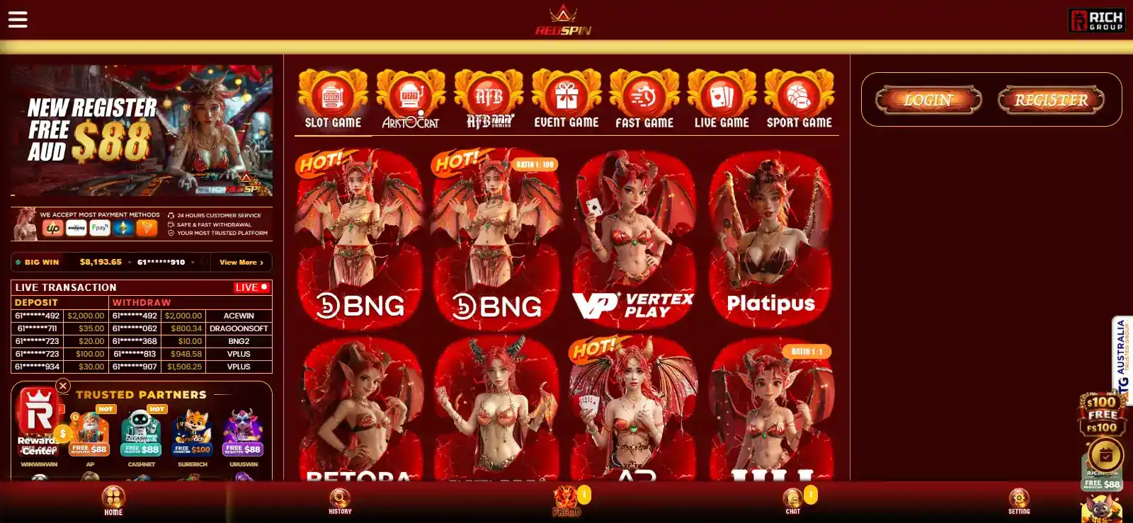 RedSpin casino homepage with the brand name and main casino navigation